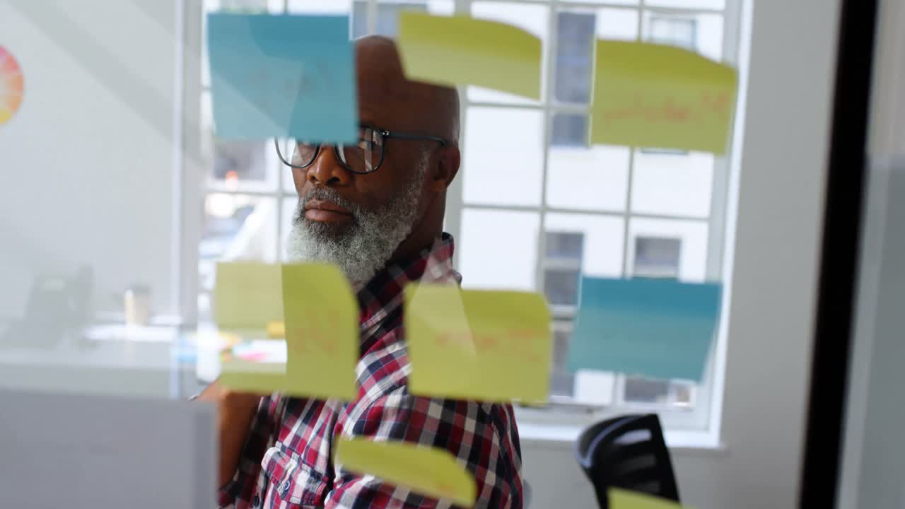 Senior male executive looking at sticky notes 4k