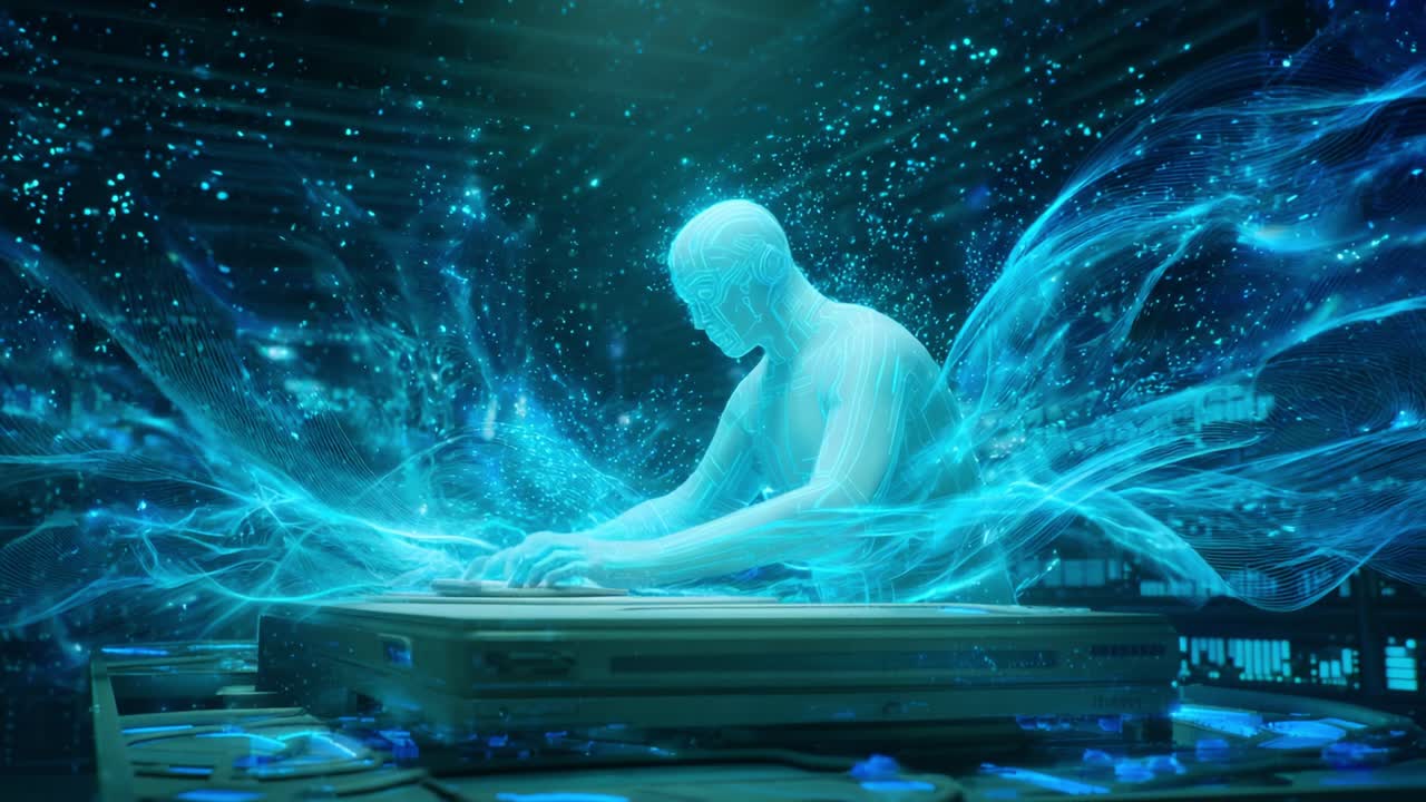 A futuristic depiction of a digital entity engaged in complex data manipulation, surrounded by vibrant streams of information, representing the intersection of technology and creativity