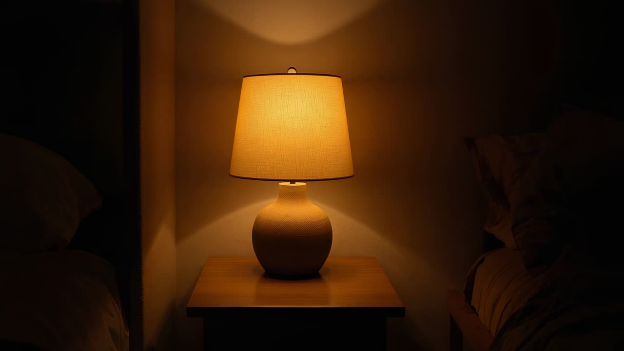 Una lampada da tavolo rimane accesa, proiettando una luce ambrata, evidenziando il paralume in tessuto e definendo l'arredamento della camera da letto.