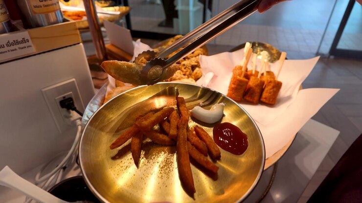 Nærbillede af en hånd, der bruger metaltang til at tage friturestegte snacks fra en buffet