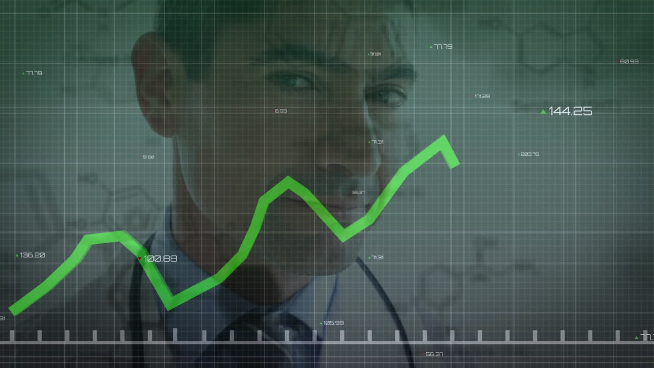 animación de gráfico con números cambiantes sobre médico caucásico masculino mirando a través de la ventana