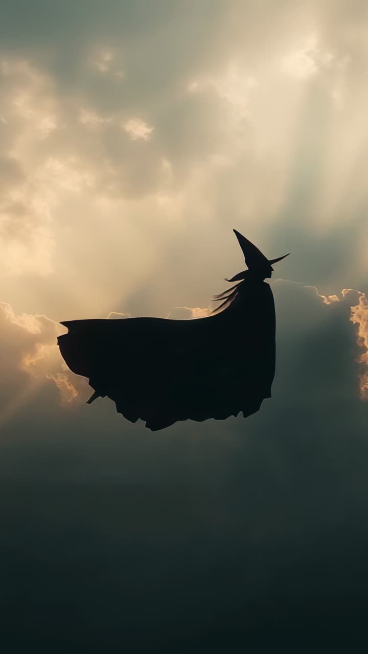Vertical video: Sunbeams guiding witch figure gliding toward center over clouds, with hat and cloak