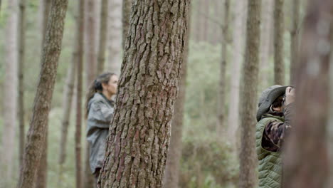 actieve moeder en zoon wandelen in het bos en verkennen de natuur