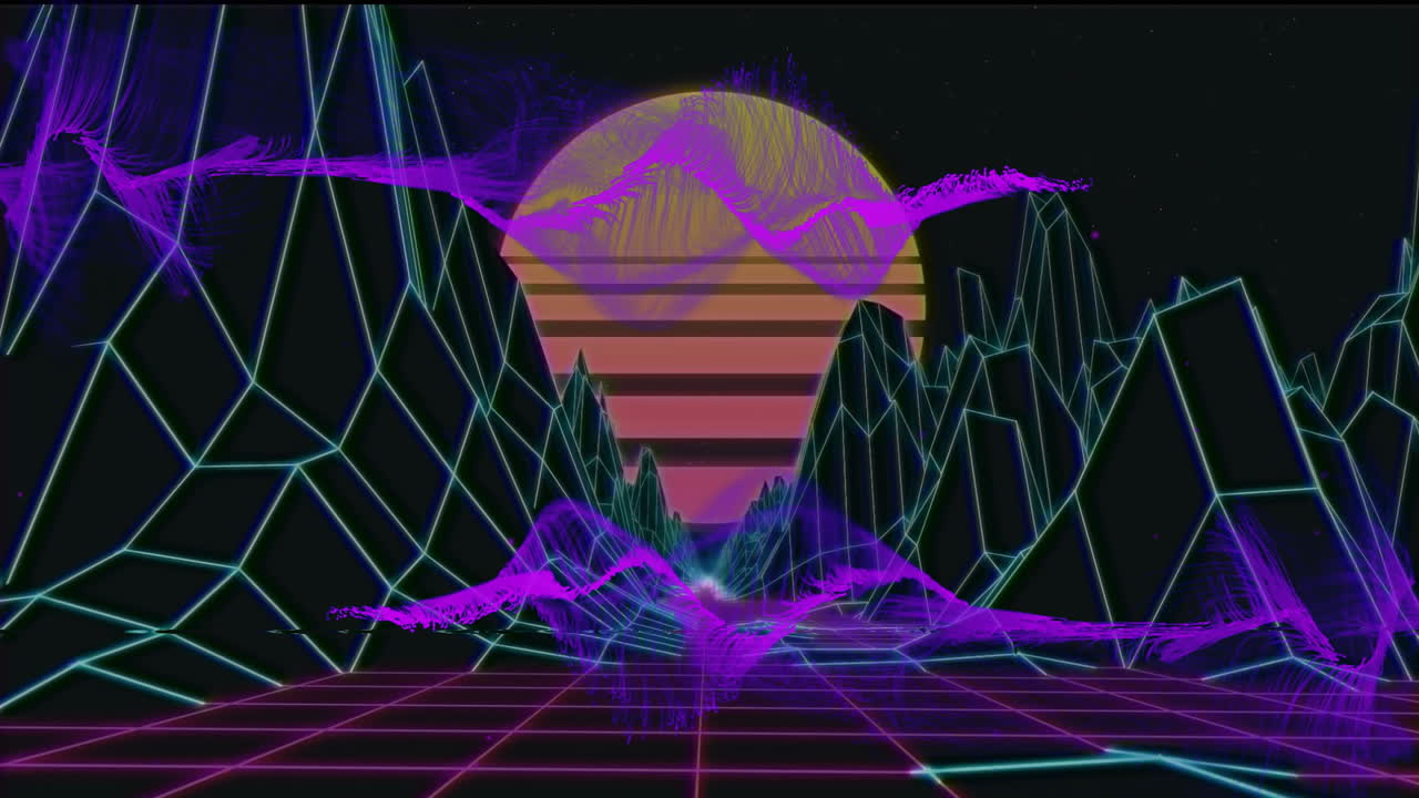 Animation of purple shapes over digital mountains and sun