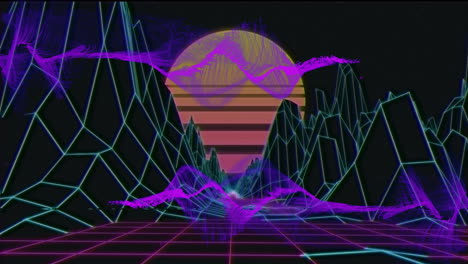 animation of purple shapes over digital mountains and sun