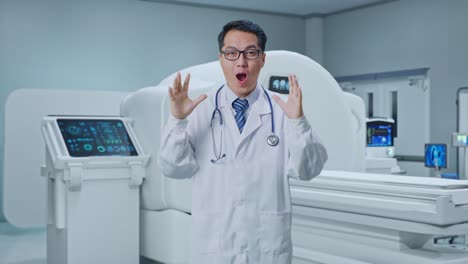 asian male doctor showing gesture hands palm, saying wow, and smiling with mri machine in the hospital