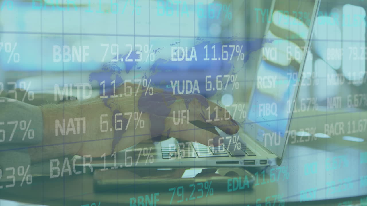 Digital composite video of stock market data processing against man using laptop in background