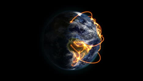 una red naranja en una tierra sombreada con nubes en movimiento con imagen de la tierra cortesía de nasa.org