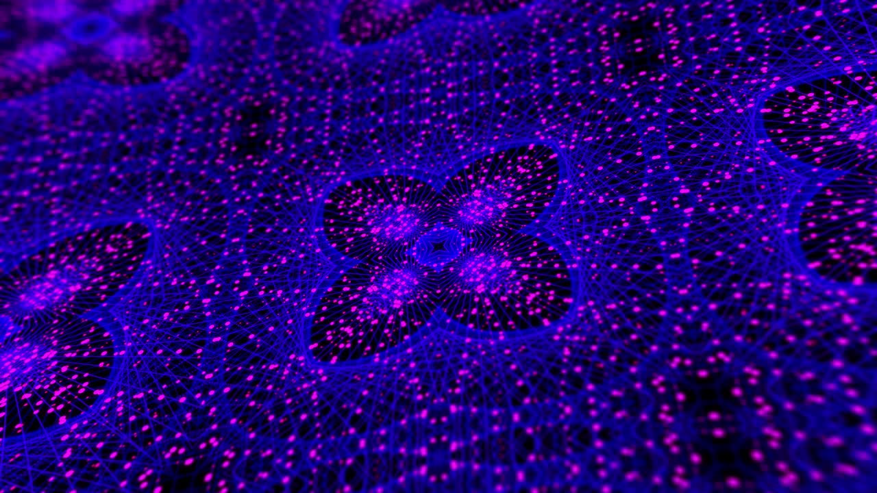 4k multicolor floral particles grid motion graphics concept. Kaleidoscopic background for yoga, meditation, fitness, clubs etc. Abstract seamless looped animation of digital mandala fractal