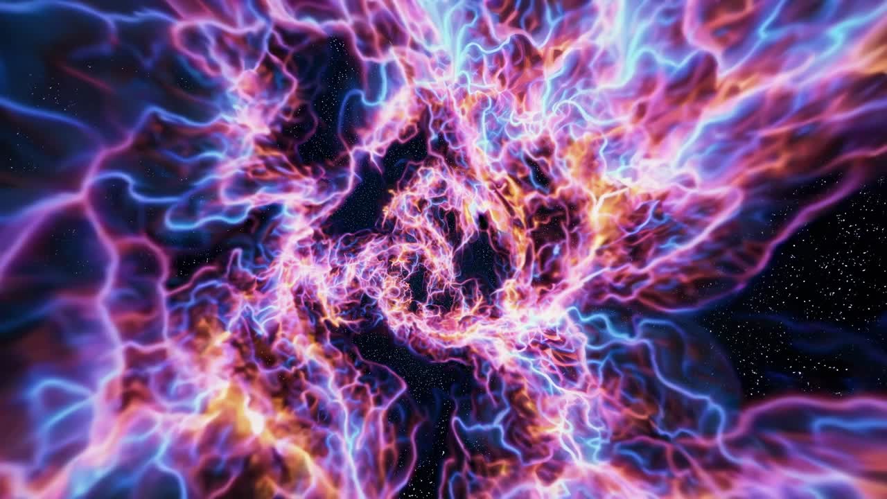 A dynamic, swirling vortex of colorful energy in a cosmic setting, captured from a top-down angle