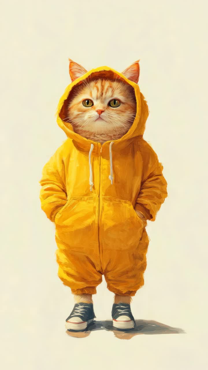 Konsep video lucu yang menampilkan seekor kucing mengenakan hoodie kuning dan sepatu kets, diambil dari depan