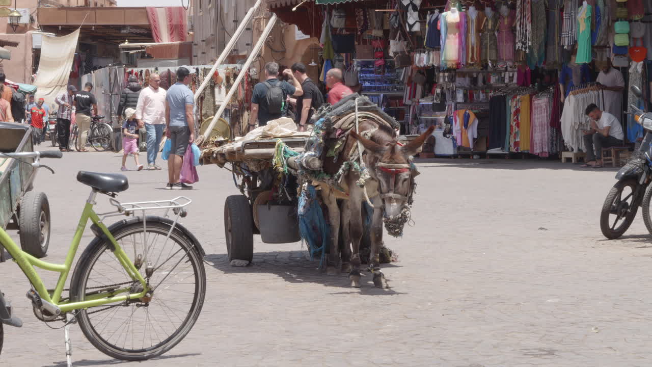 A bustling market scene with a donkey-drawn cart and shoppers