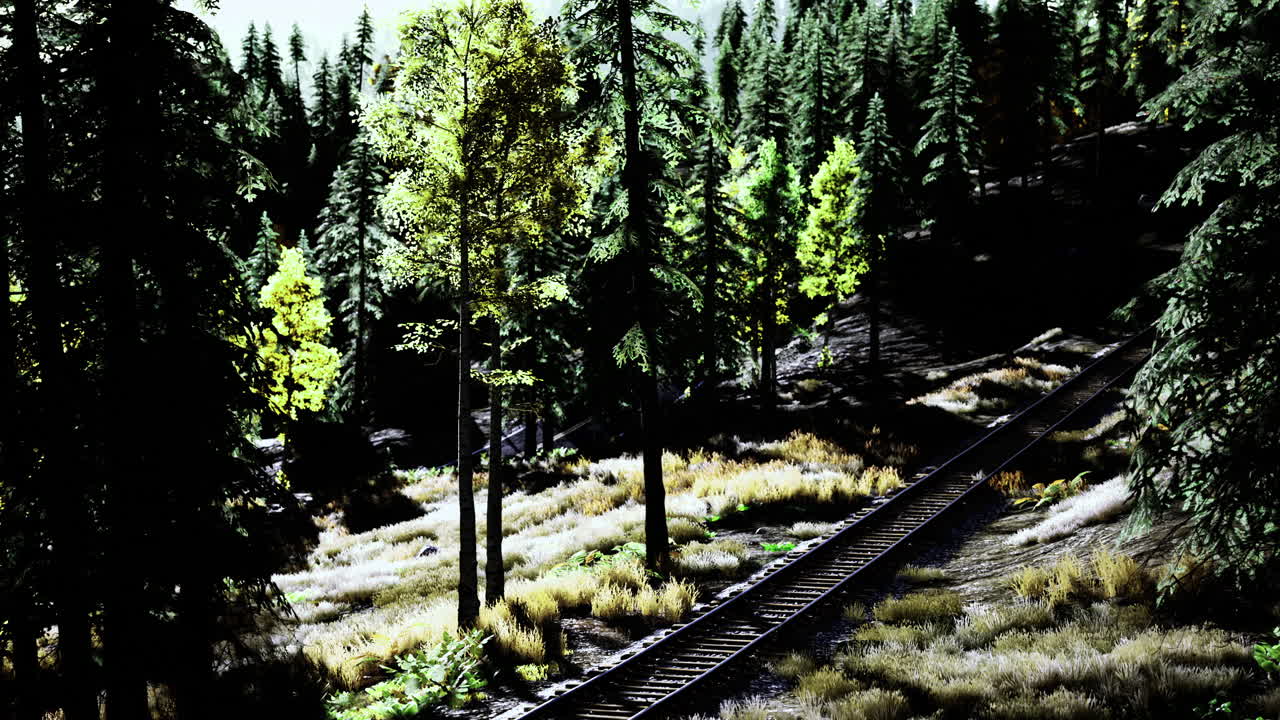 Train tracks winding through a lush forest in bright daylight