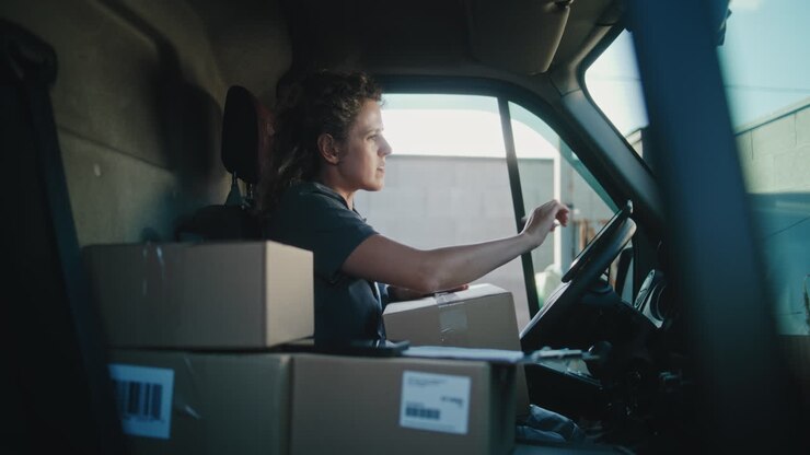 Female Courier Organizing Packages in a Delivery Van