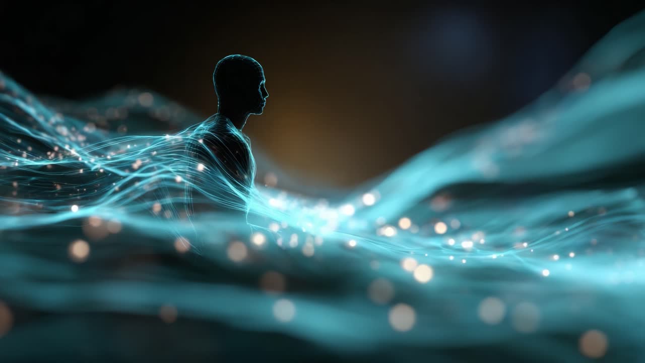 A tranquil figure meditating amidst flowing waves of light, creating a serene atmosphere filled with ethereal energy and captivating visual patterns