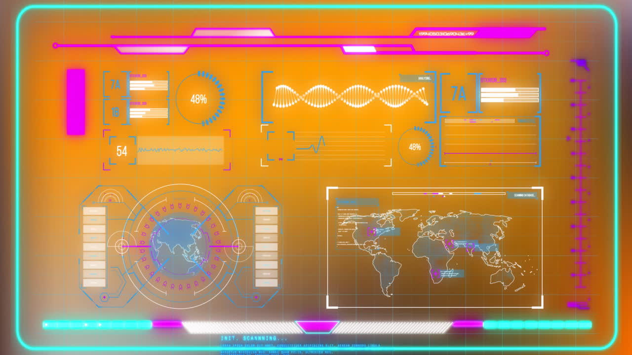 Animation of interface with data processing against orange gradient background
