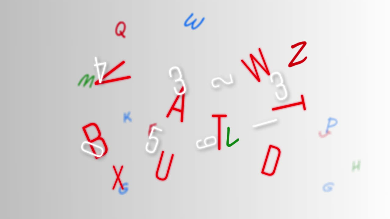 Digital animation of multiple changing numbers and alphabets against grey background
