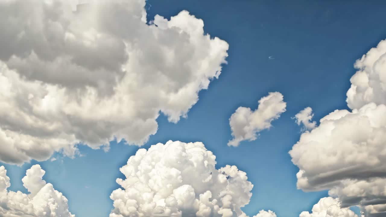 A serene video scene of fluffy white clouds against a bright blue sky, captured from a low-angle