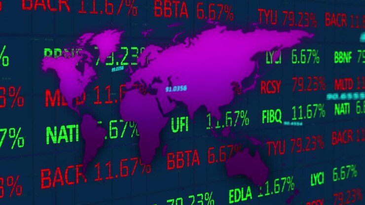 Animation of numbers on map over trading board against abstract background