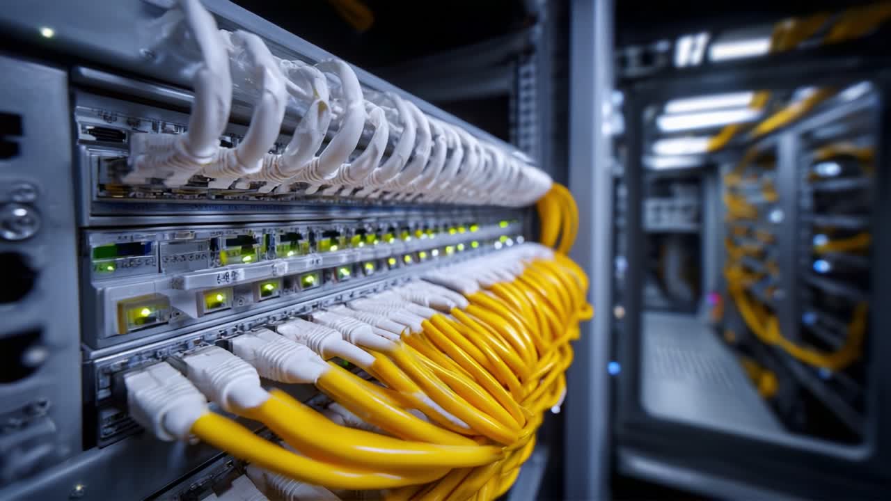 Intricate Network Infrastructure Showcasing High-Speed Connectivity with Colorful Cables and Server Racks for Efficient Data Management and Transmission
