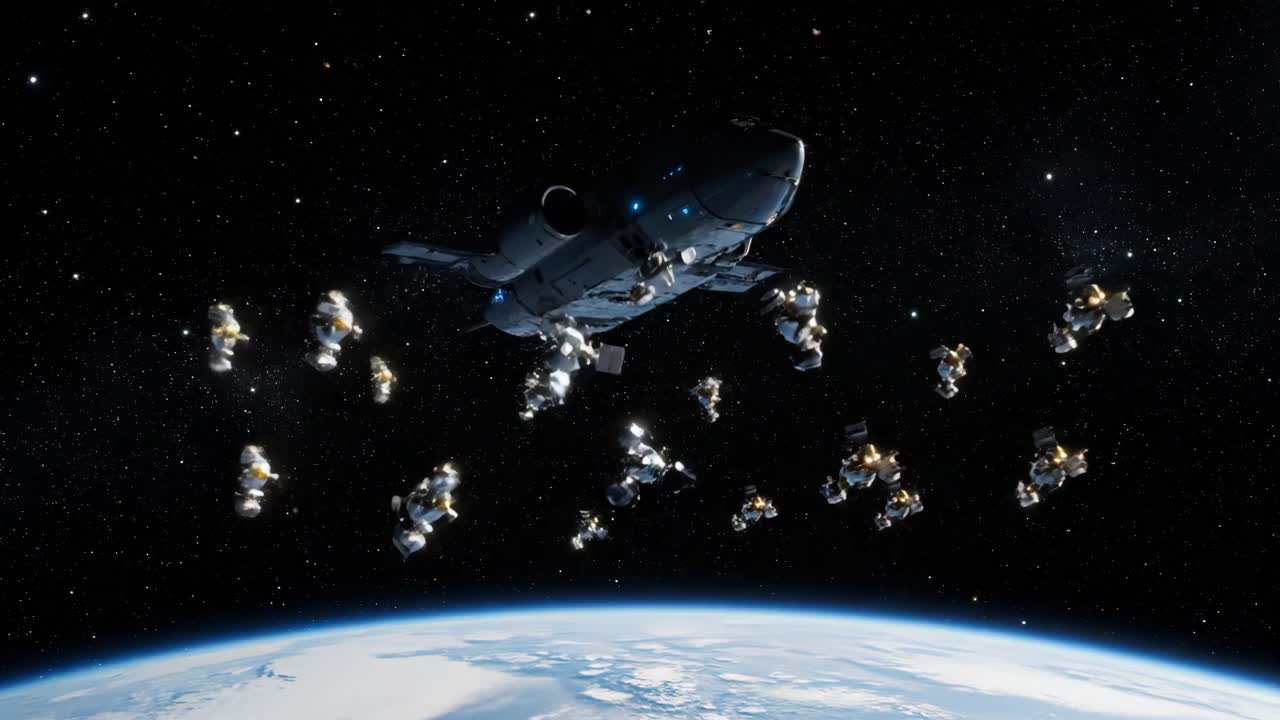 Spaceship releasing satellites in orbit around Earth