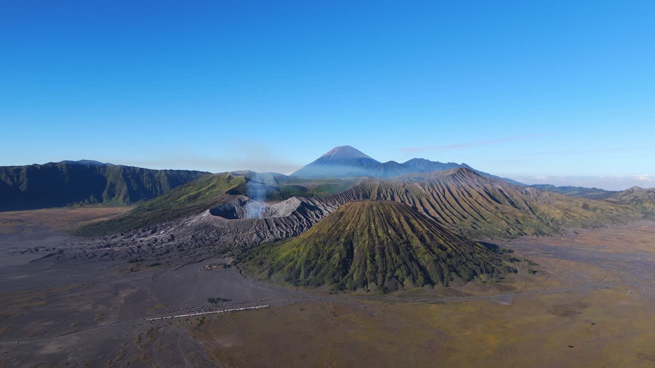 Overhead view of Bromo Caldera, Mount Batok, smoking Bromo and Tengger Highlands