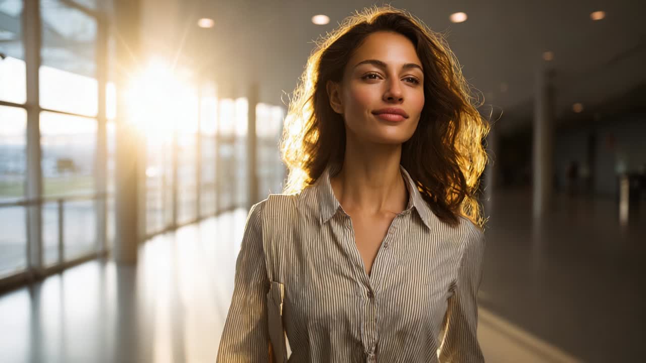 A confident woman walks through a modern hall illuminated by warm sunlight, exuding positivity and grace, capturing the essence of tranquility and self-assurance in a serene environment