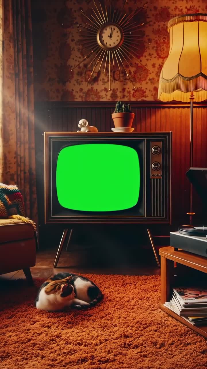 Soggiorno retrò con un televisore vintage che mostra uno schermo verde per video