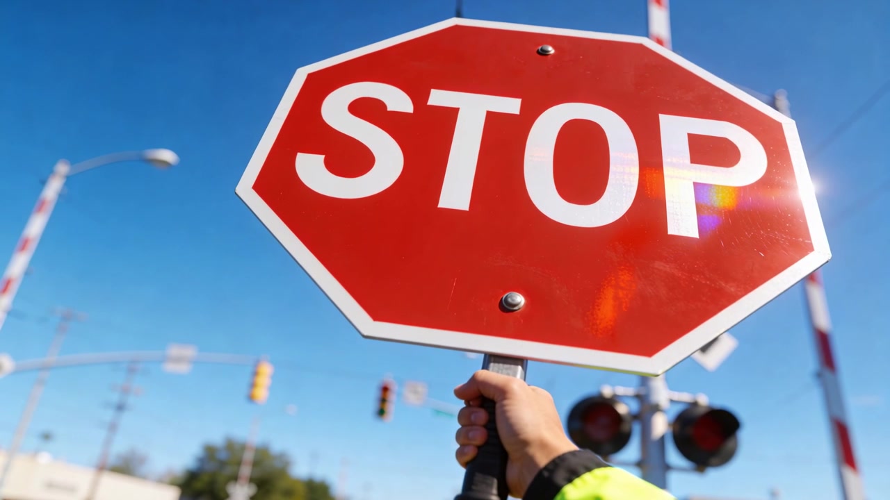 Reagerer på jernbanesignaler, vakt i refleksvest hever STOPP-skilt, hanskekledd hånd griper, stopper biler