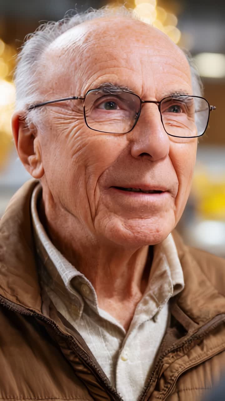 Un anciano con gafas expresa alegría y sabiduría, resaltando la belleza de la experiencia a través de su mirada reflexiva y su cálida sonrisa en un entorno vibrante.