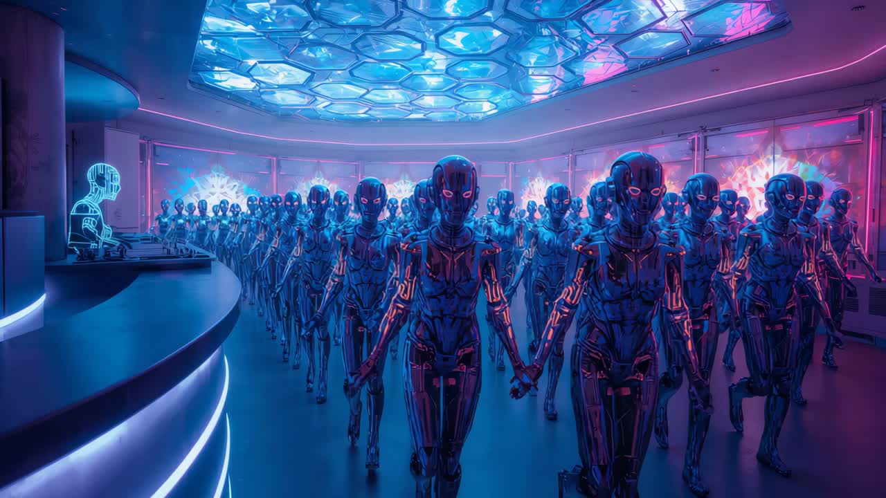 Futuristic Robot Performance in Neon-lit Hall