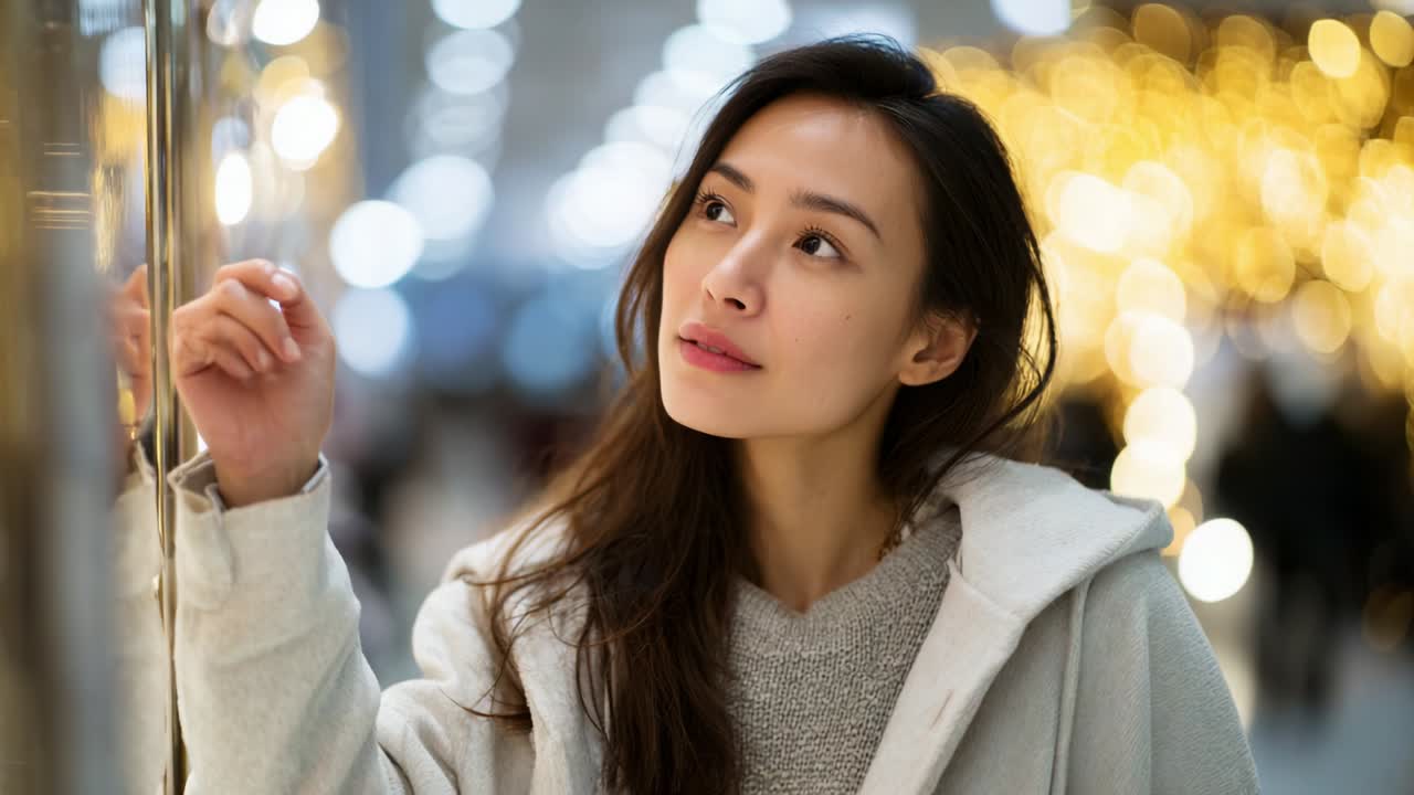 A thoughtful woman gazes upwards, immersed in a moment of reflection, with a backdrop of glowing lights that create a warm and dreamy atmosphere, capturing the essence of serenity and wonder during a festive season