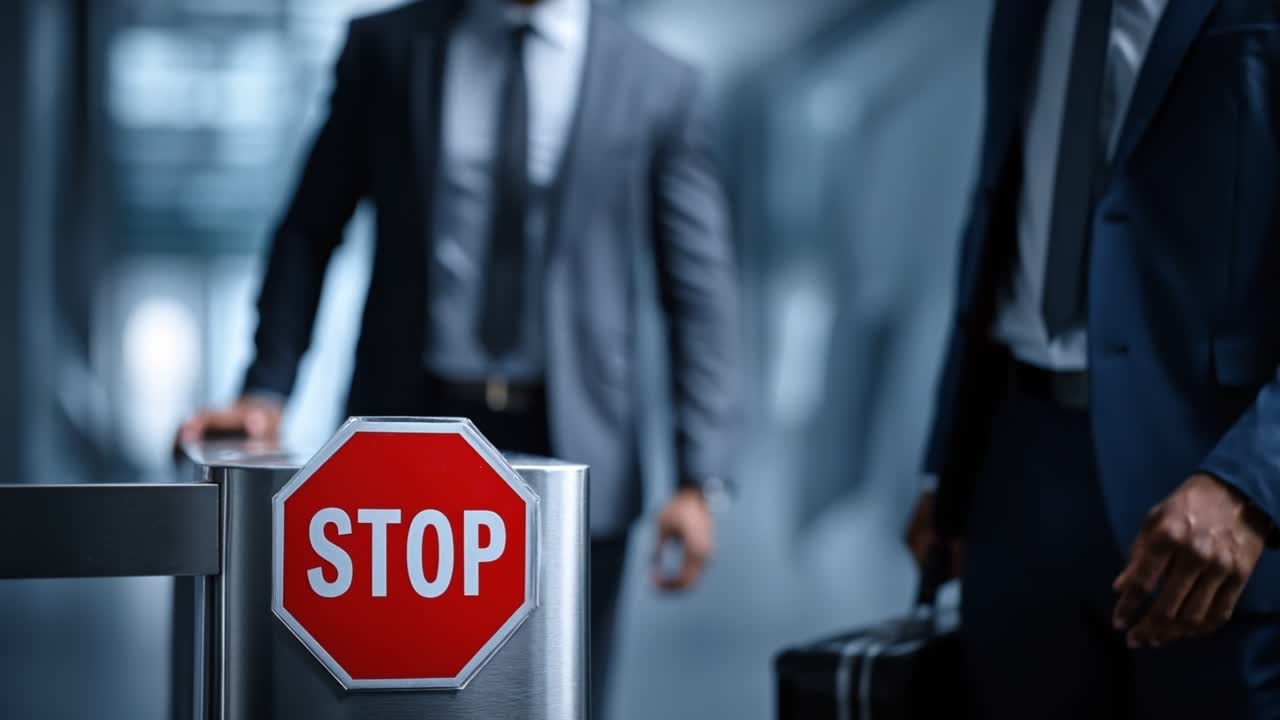 Uomini d'affari professionisti in abiti formali che si avvicinano a un tornello di sicurezza con un segnale di stop rosso in un edificio per uffici aziendale.