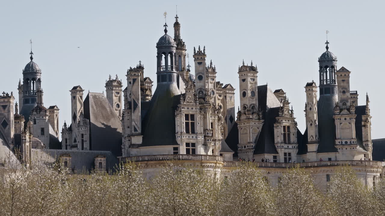 Renaissance castle with towers and domes under clear sky, historical and majestic feel