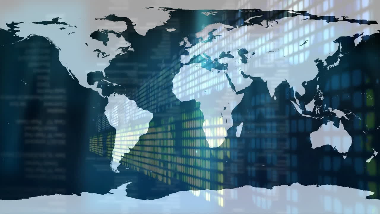 Animation of digital data patterns overlaying continents on world map design