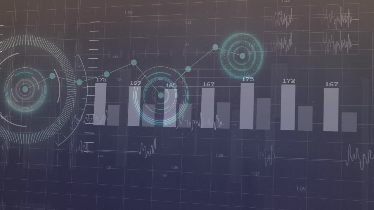 Animation of multiple graphs with changing numbers over loading circles on abstract background