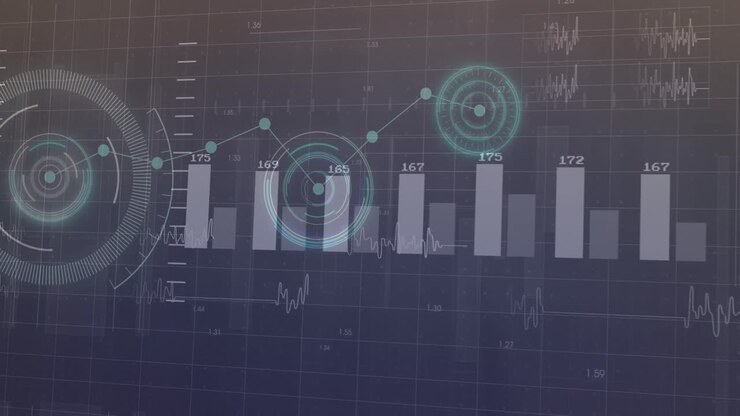 Animation of multiple graphs with changing numbers over loading circles on abstract background