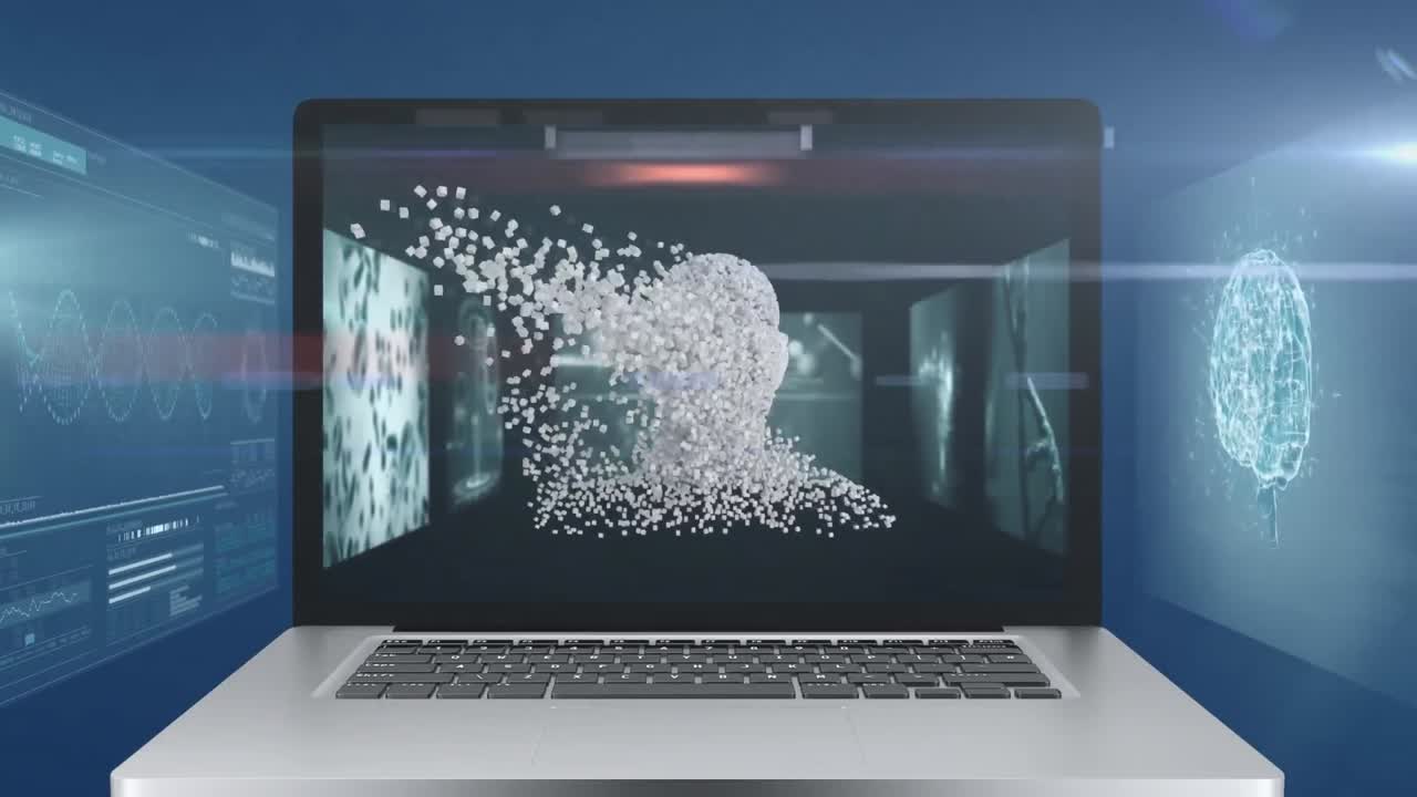 animación de busto humano y adn mostrado en la pantalla de la computadora portátil en el fondo.