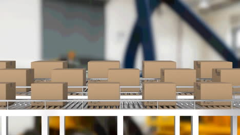 animación de cajas de cartón en cintas transportadoras en el almacén