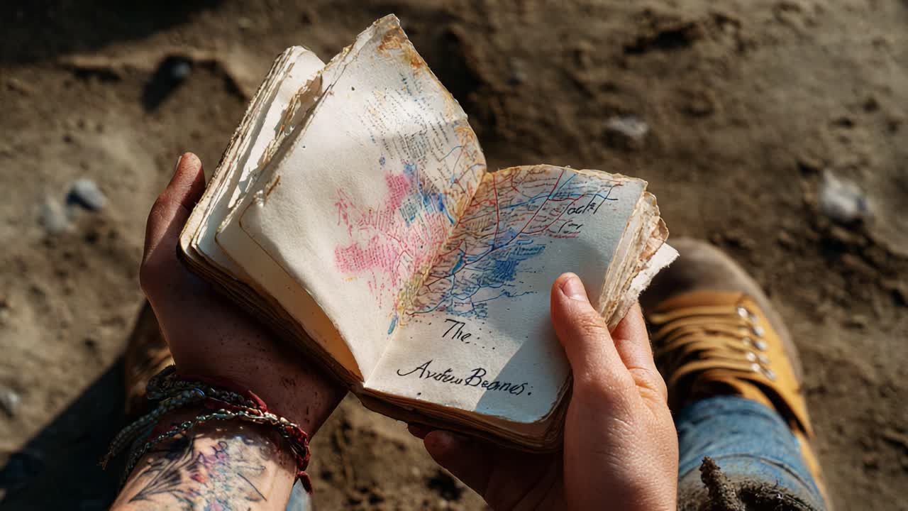 A Glimpse into History: An Intriguing Exploration of an Ancient Journal Unfolding Pages Filled with Stories, Maps, and Personal Insights from the Past, Captured in Natural Light