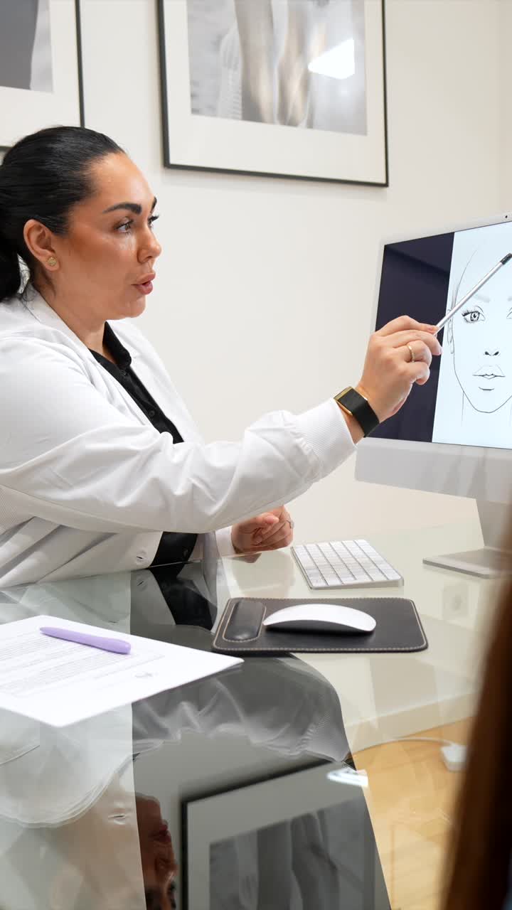 Médica explicando diagrama facial na tela do computador
