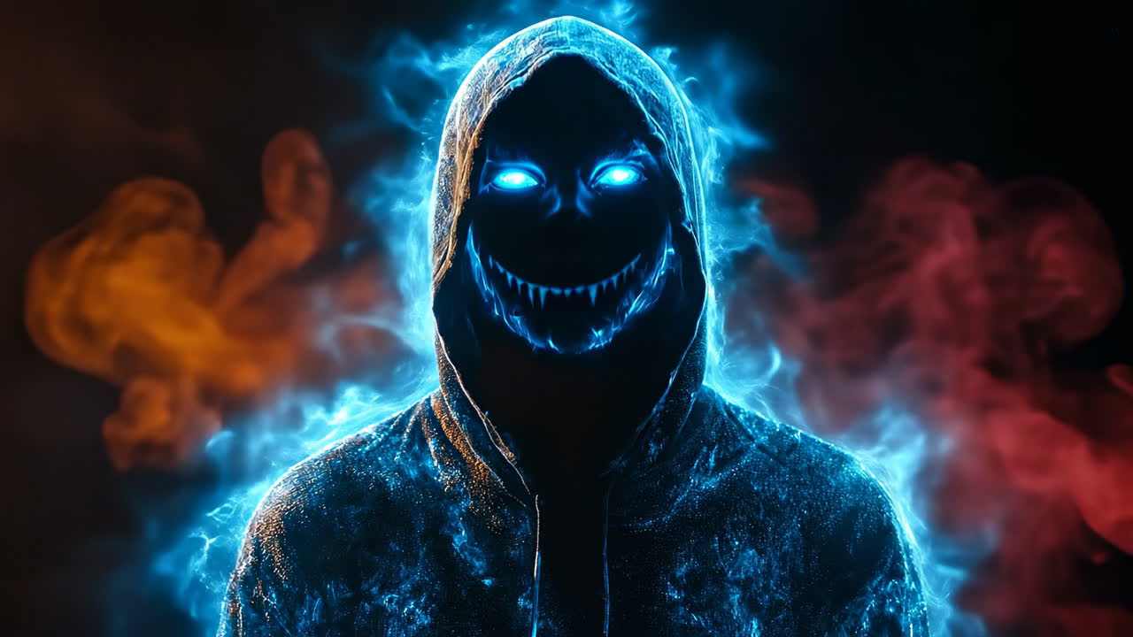 Silhouette of person in hoodie with glowing blue energy. Figure in dark hooded sweatshirt surrounded by blue light and smoke effects