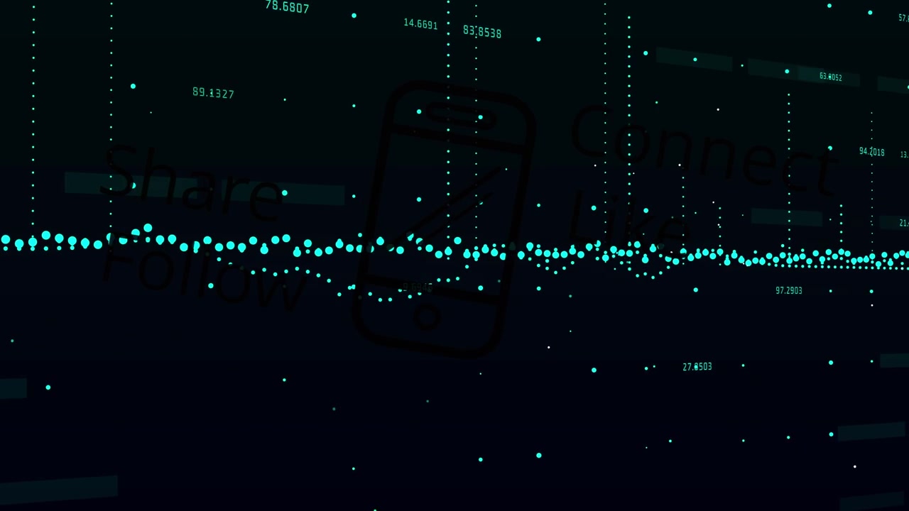 Digital animation of data processing over smartphone icon with social media concept texts