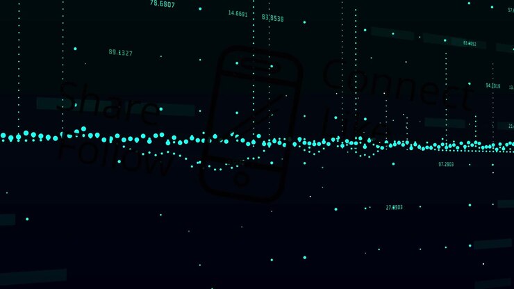 Digital animation of data processing over smartphone icon with social media concept texts