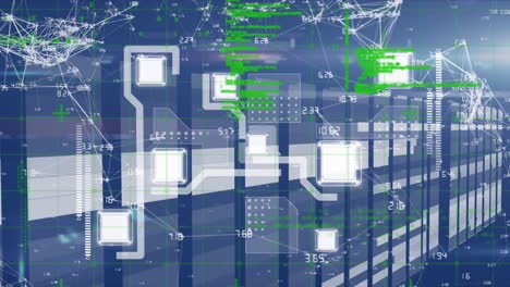 animation of network of connections with icons and data processing over computer servers