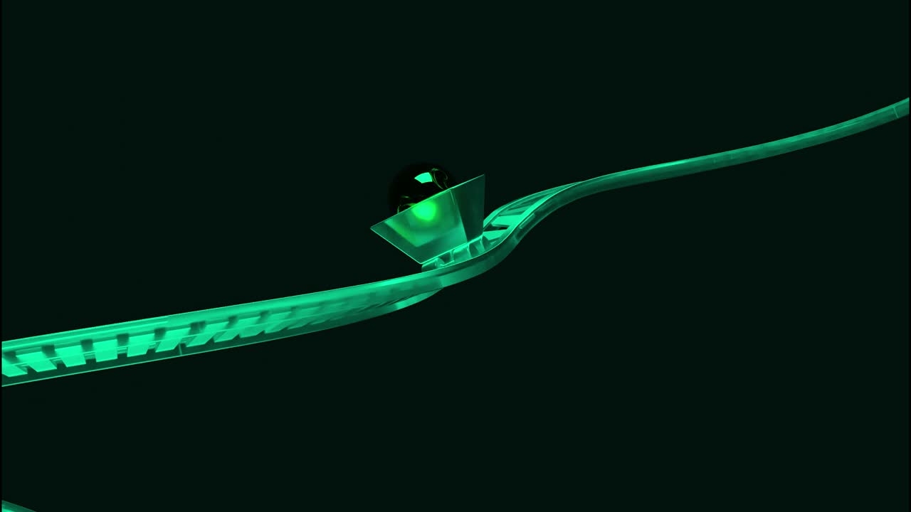 추상적인 롤러코스터 구부러진 레일과 움직이는 카트, 원활한 루프, 디자인, 레일에서 굴러가는 크리스탈 공이있는 마차.