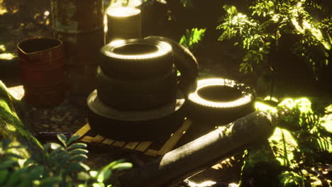 old used wheels in the tropical forest as pollution concept