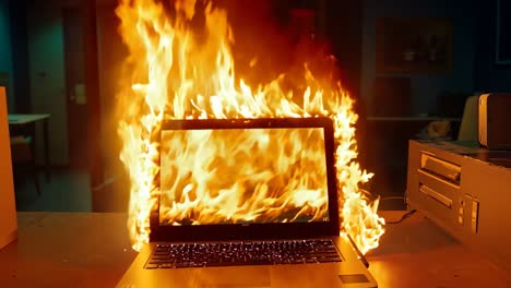 a laptop computer sitting on top of a table covered in flames