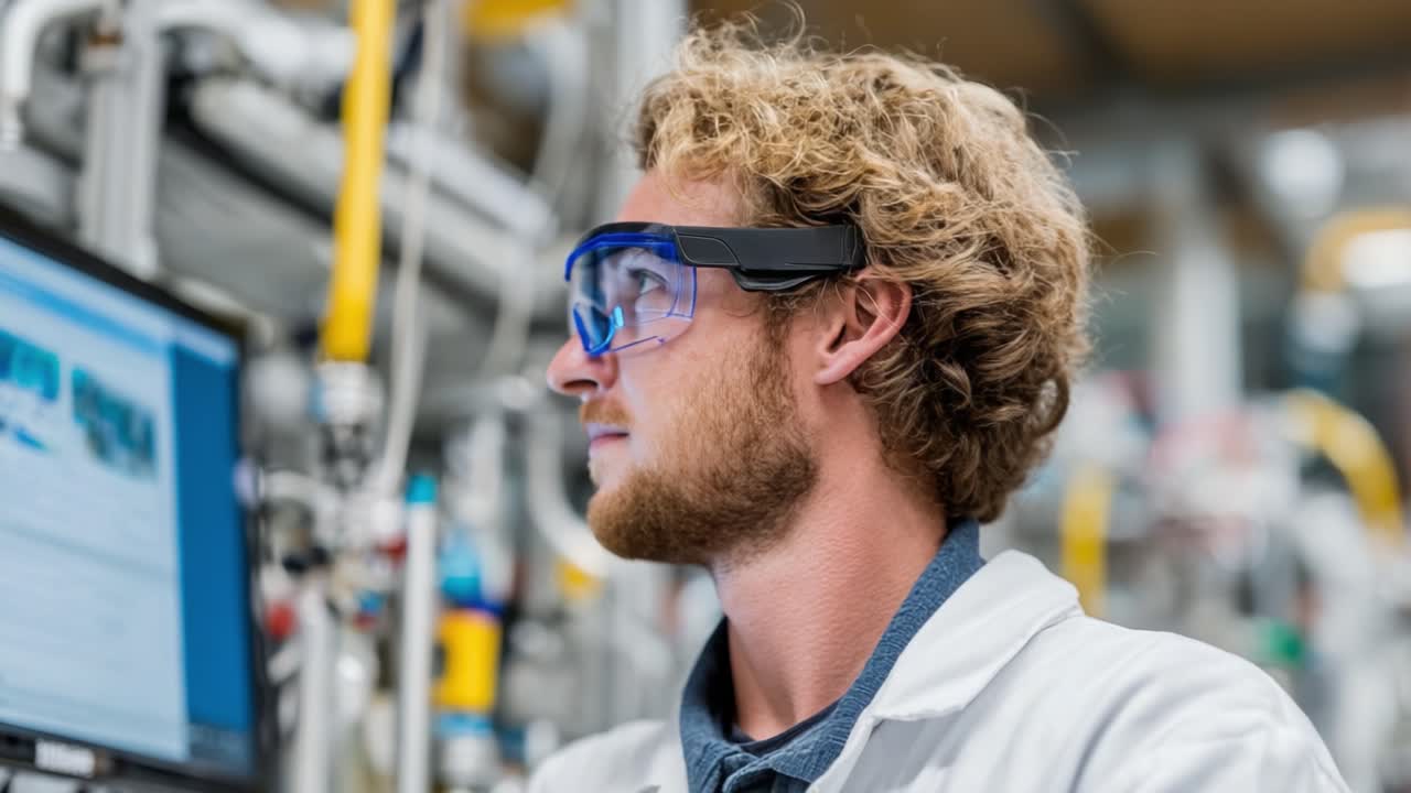 Técnico de laboratório dedicado com óculos de proteção e jaleco, focado em tarefas de pesquisa, cercado por equipamentos científicos complexos e tecnologia.