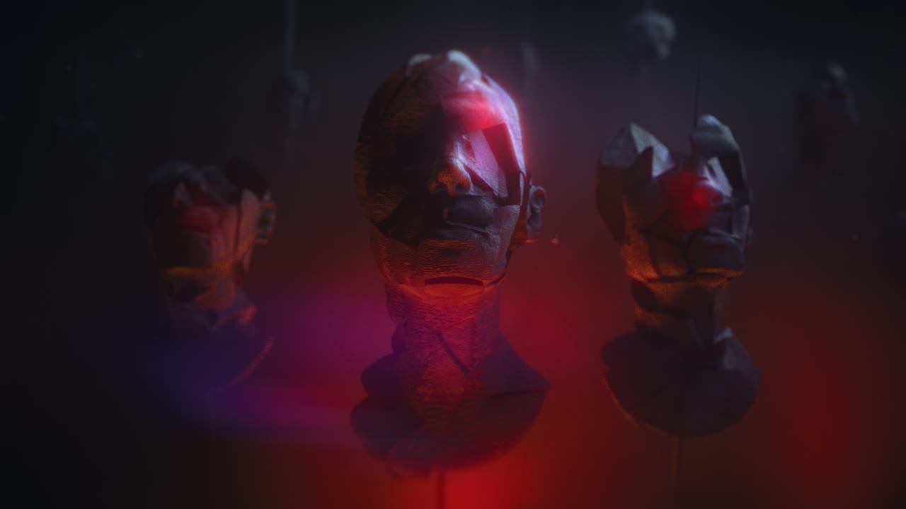 Three crushed android heads on spikes in hell